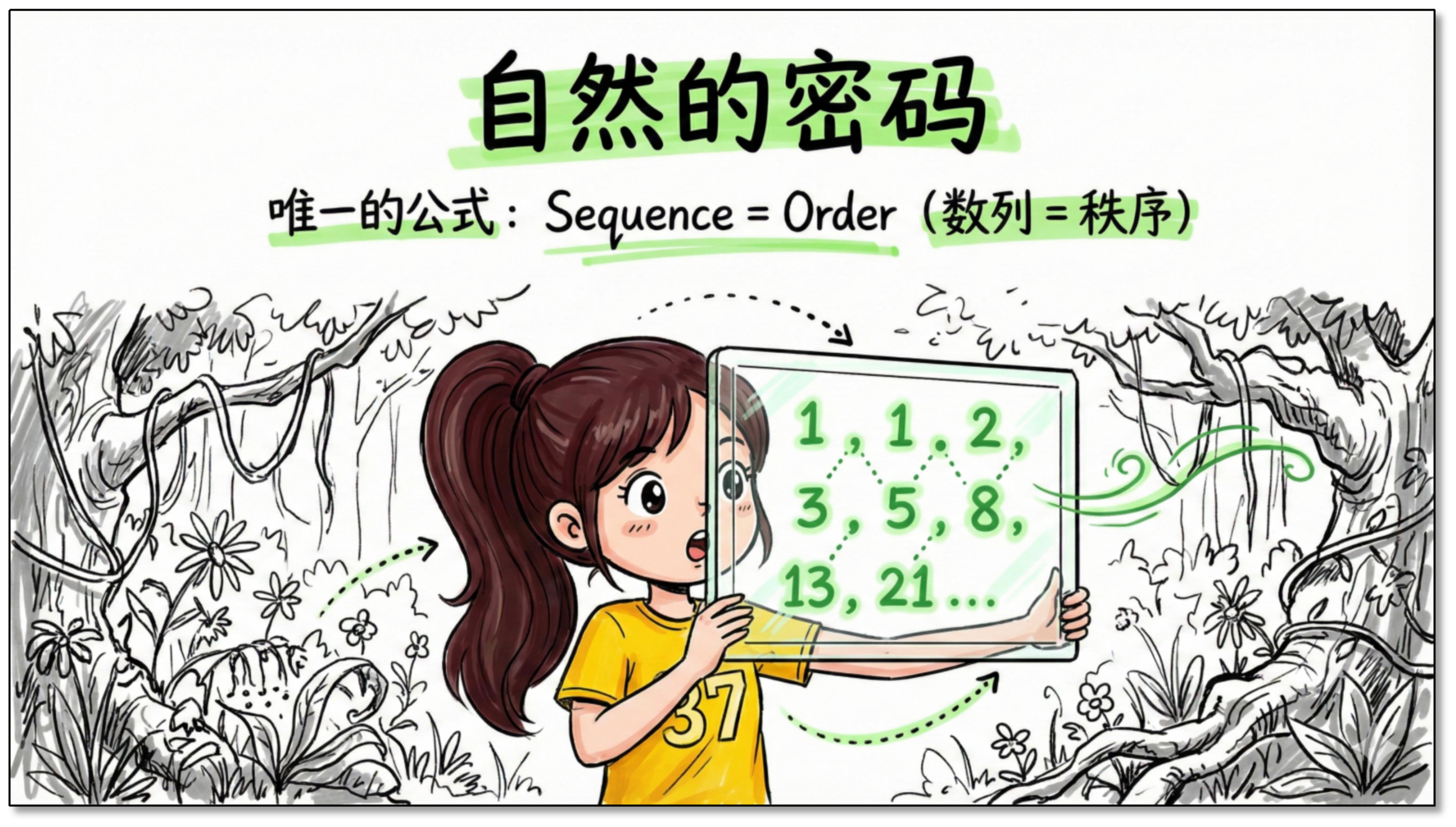 自然的密码：Sequence = Order（数列 = 秩序），斐波那契数列 1,1,2,3,5,8,13,21…