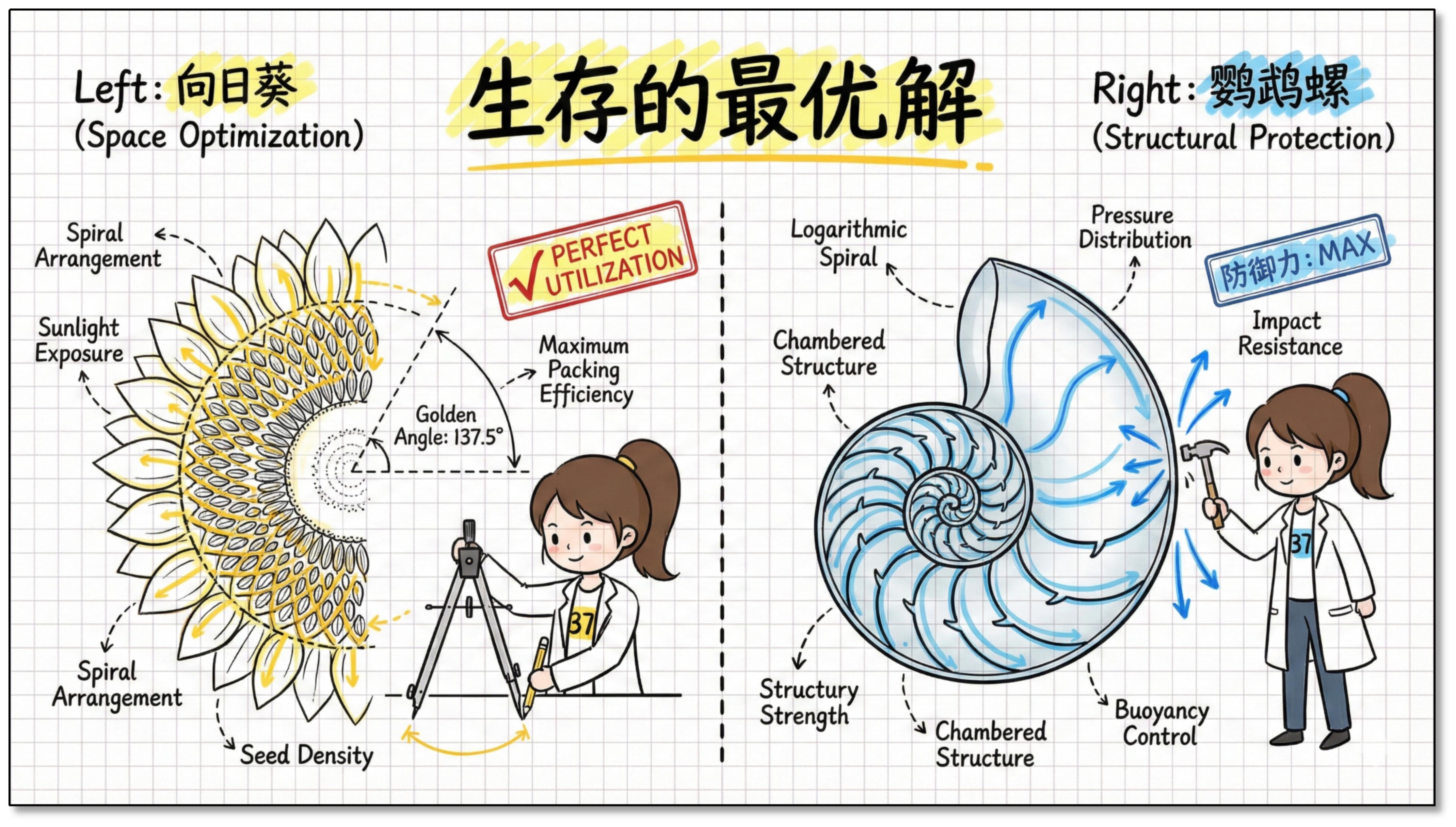 生存的最优解：向日葵螺旋排列与空间优化，鹦鹉螺对数螺旋与结构保护